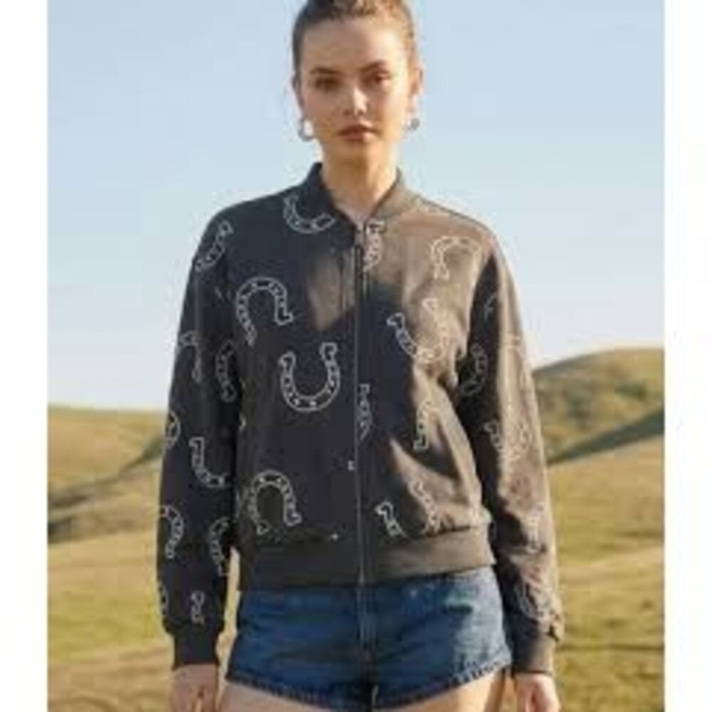 Taelynn Black  Dark Grey Horseshoe Print Bomber Jacket Western Chic Zip-Up NWT S